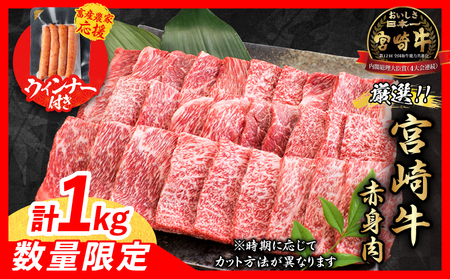 オンライン決済限定【6月末までにお届け】【畜産農家応援】数量限定 厳選 宮崎牛 赤身 焼肉 計1kg 粗挽きウインナー 牛肉 黒毛和牛 モモ 肩ウデ 総合・肉ランキング1位獲得 リピーター続出_CB104-25-ZO2-06